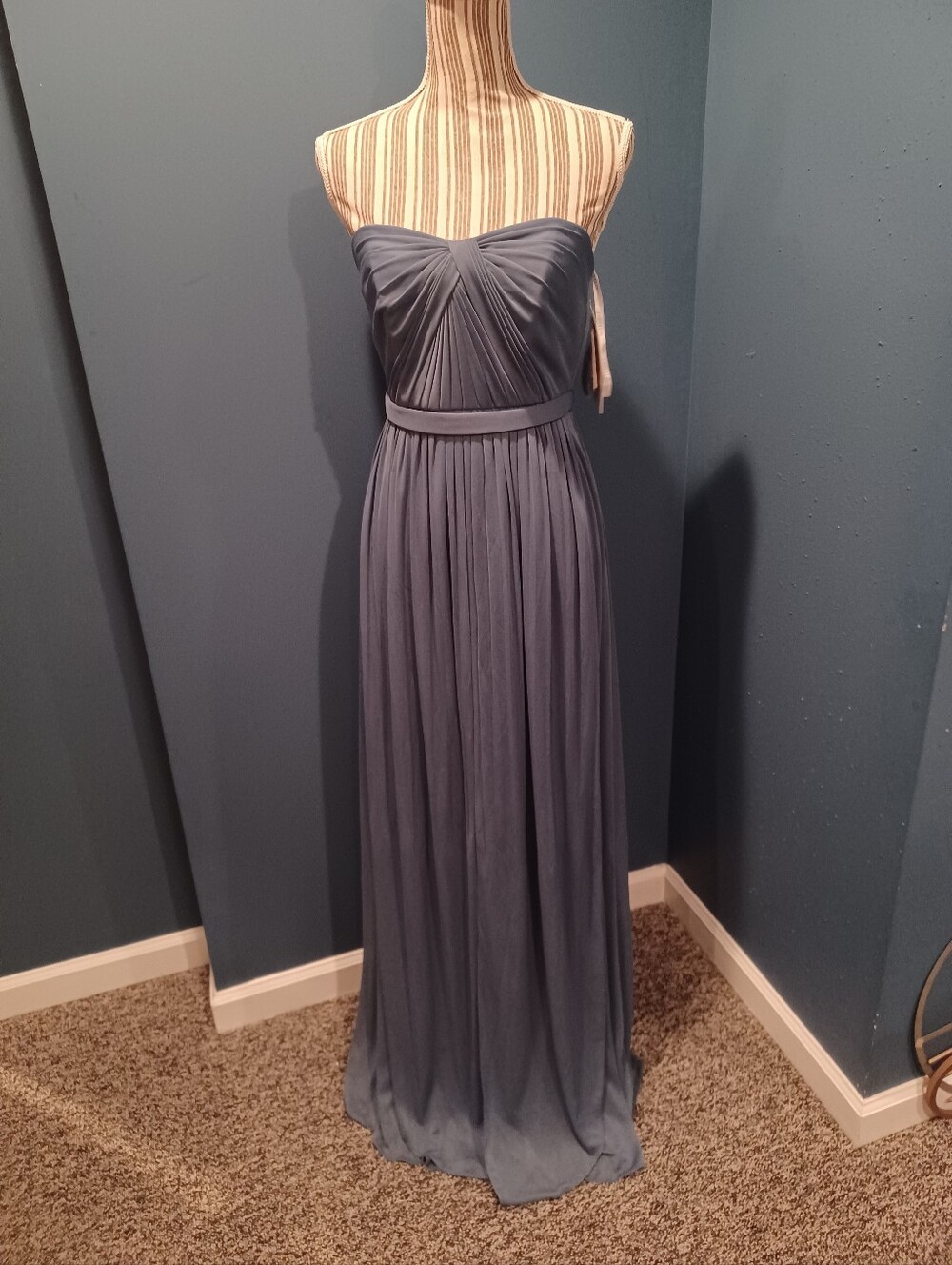 David's Bridal Strapless Pleated Gown in Slate Blue